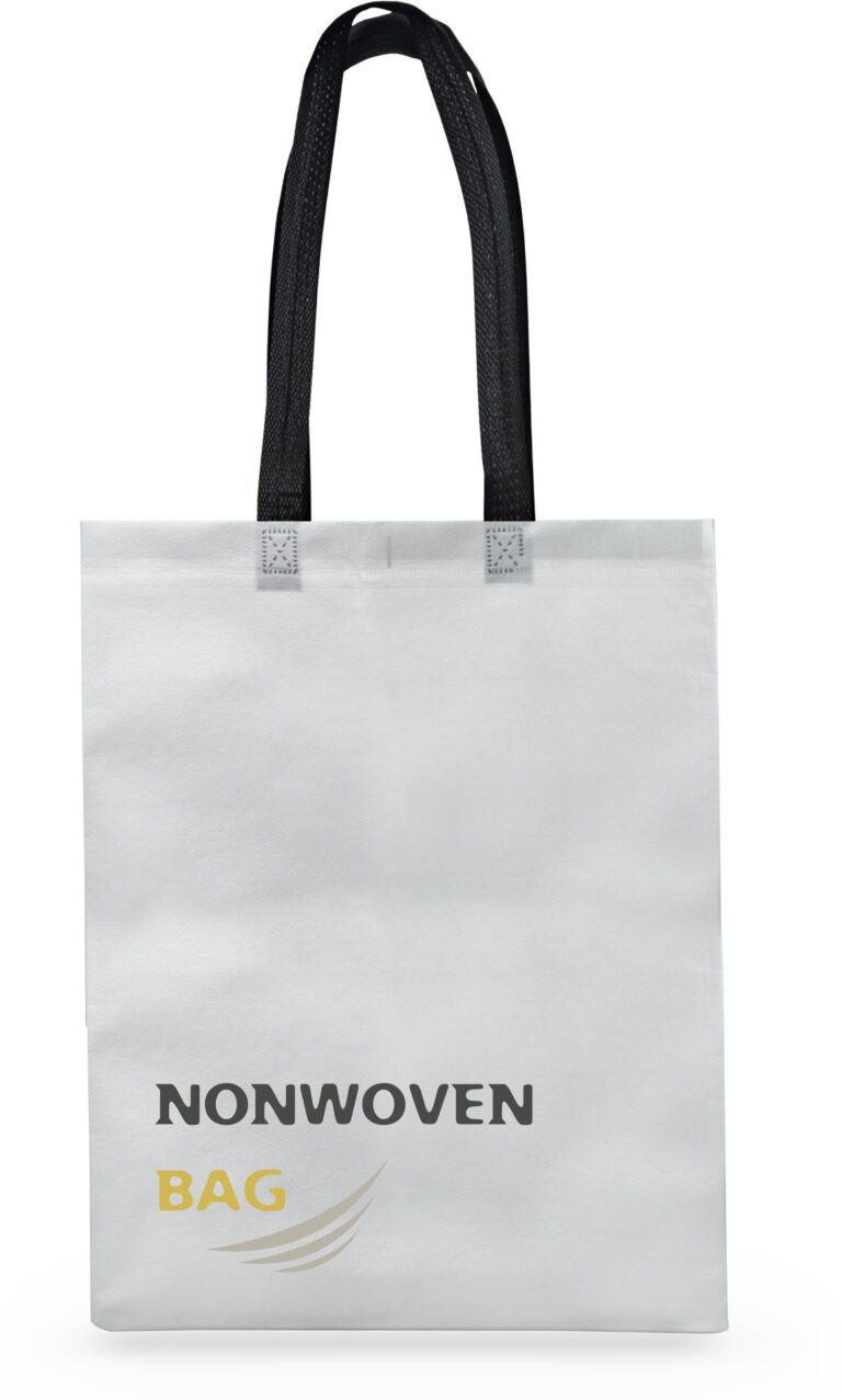 1 white bag with black handles isolated no background new long nonwoven 3