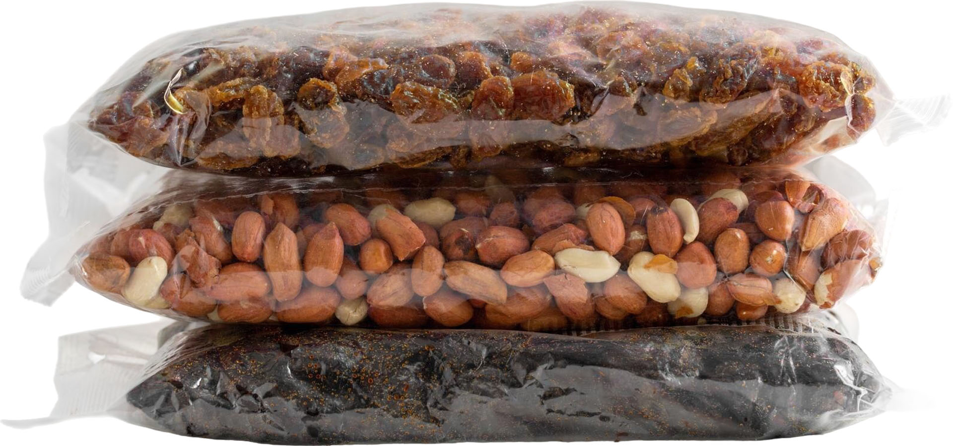 bags with raw peanuts raisin dried plums