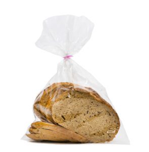 closeup bread loaf plastic bag isolated white background